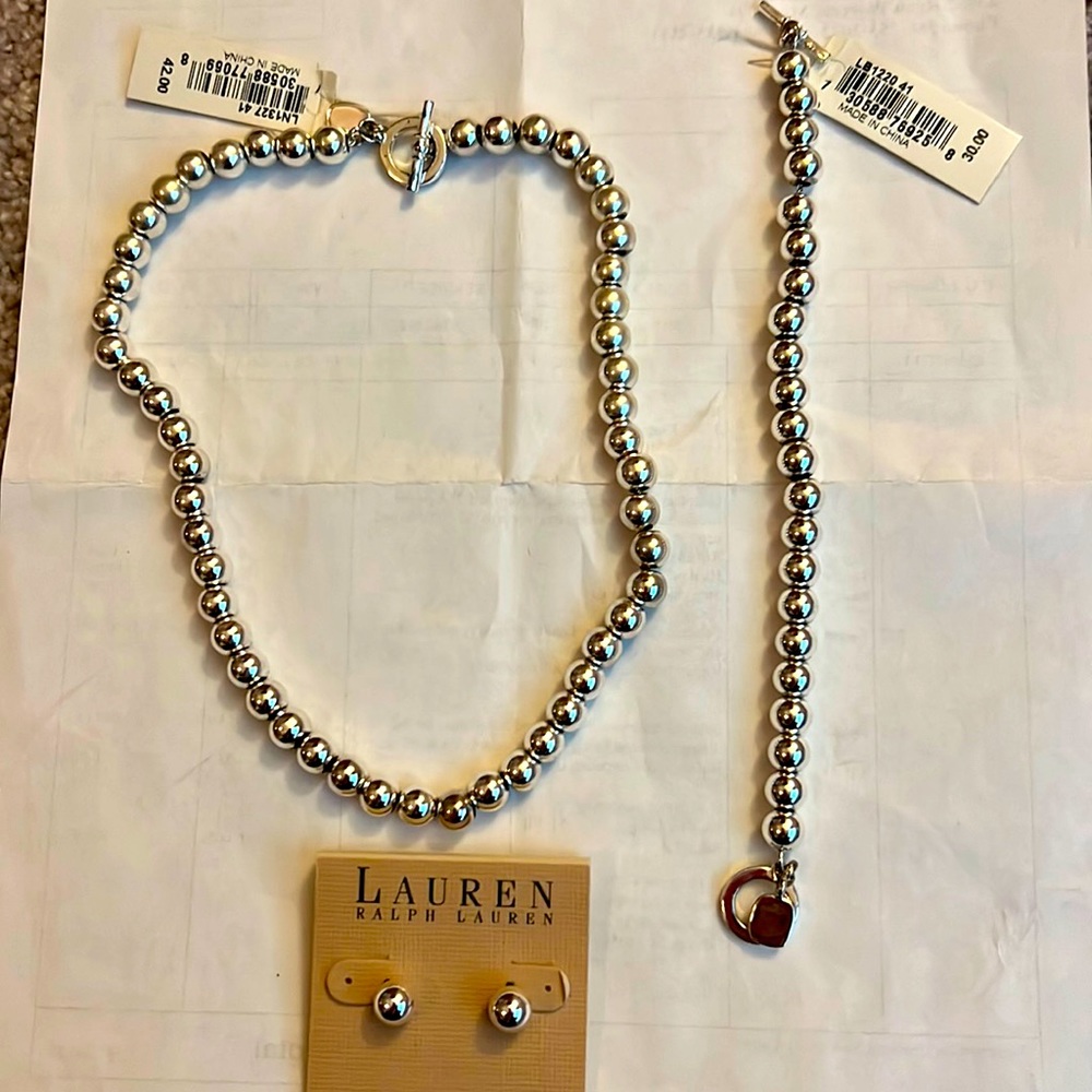 Ralph Lauren Silver necklace, bracelet and earring set.